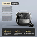 Beige wireless noise reduction in-ear headphones with charging case on a grey background.