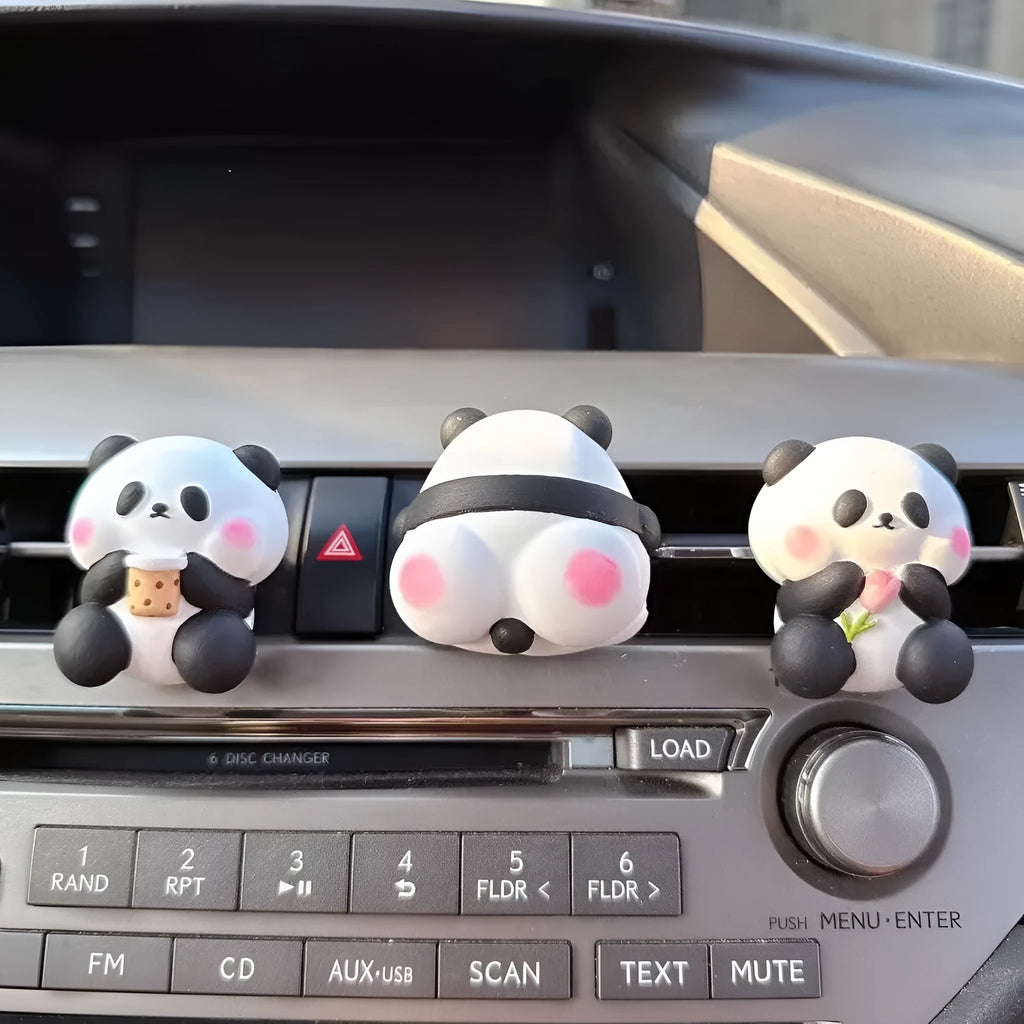 Cute panda car vent perfume decoration in milk tea, flower, and back panda designs.