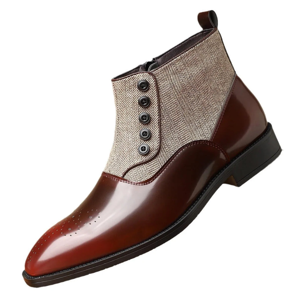 Men's brown retro formal shoes with square toe and side zipper on a rubber sole.