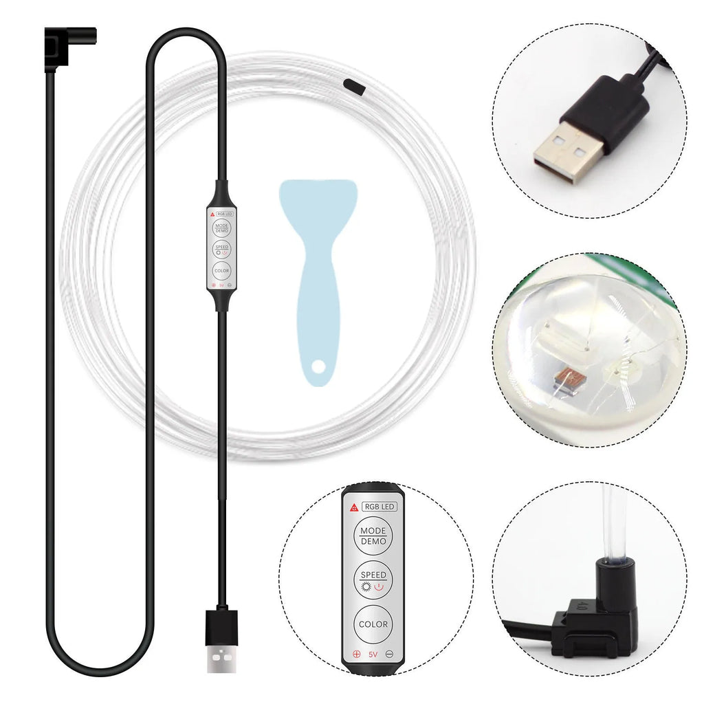 Car interior RGB LED light strip with wireless controller showing multiple colour options
