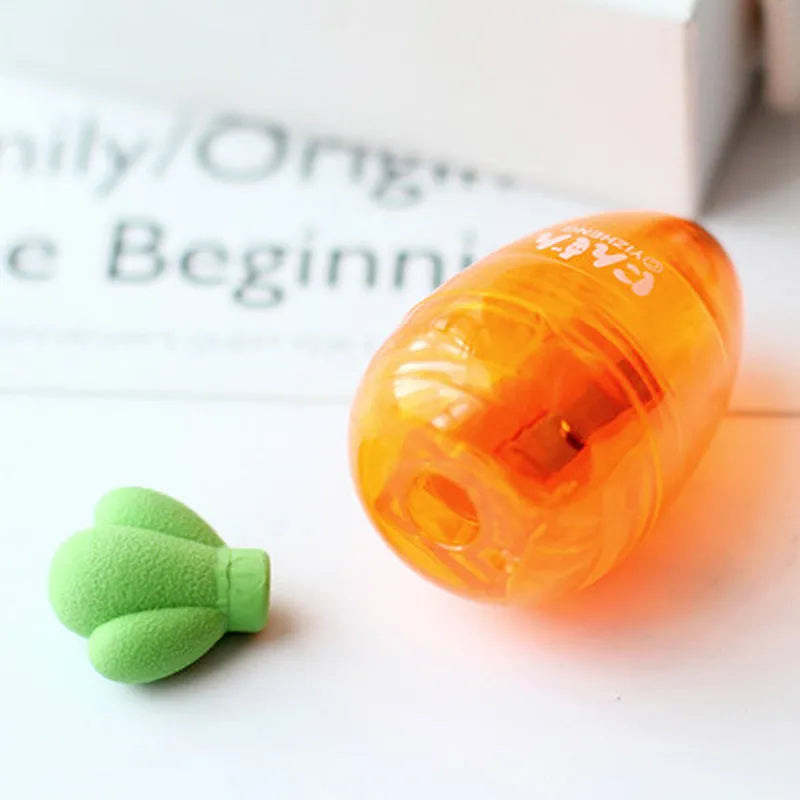 Carrot-shaped plastic pencil sharpener stationery with 7cm handle and safe blade-free design