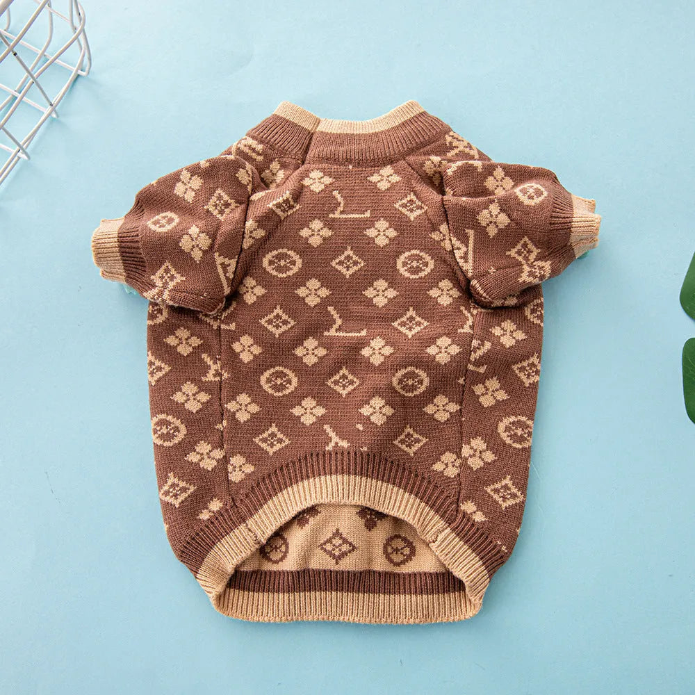 A thick wool dog sweater for winter in a choice of monochrome or two colours, shown in size L.