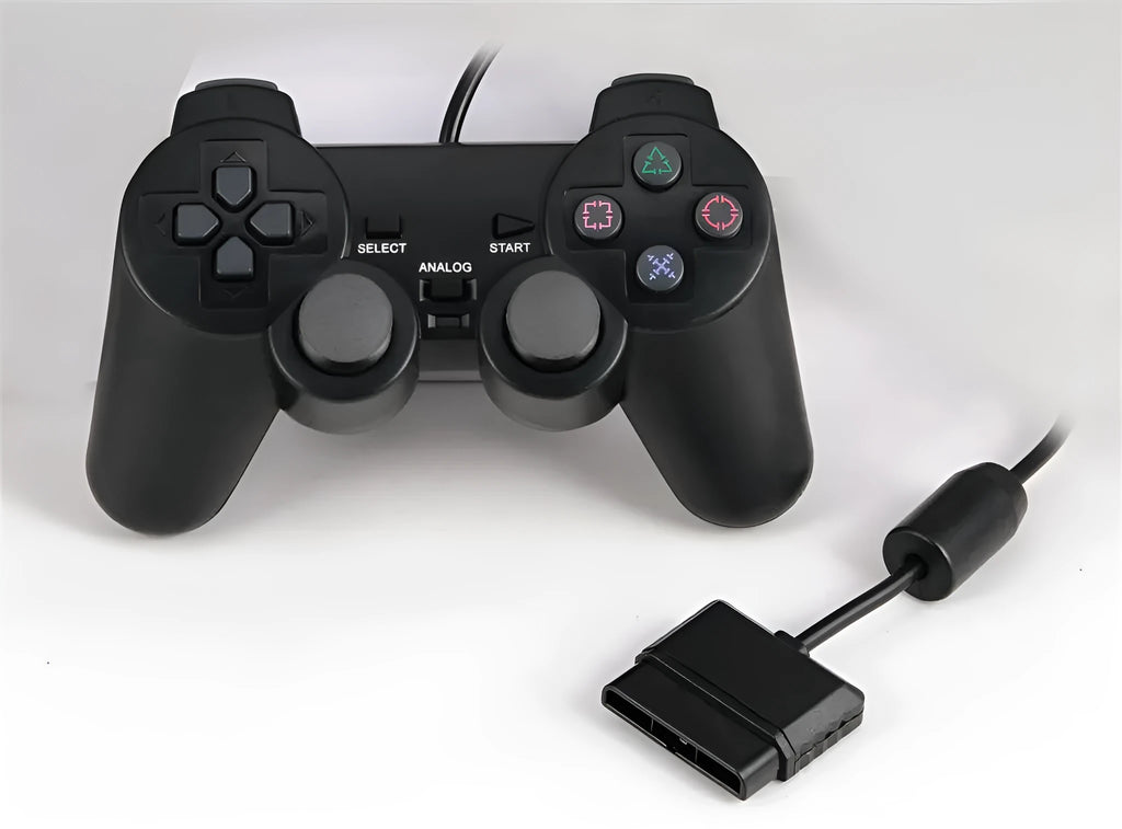 PS2 wired USB game controller with vibration feedback in neutral bare metal finish