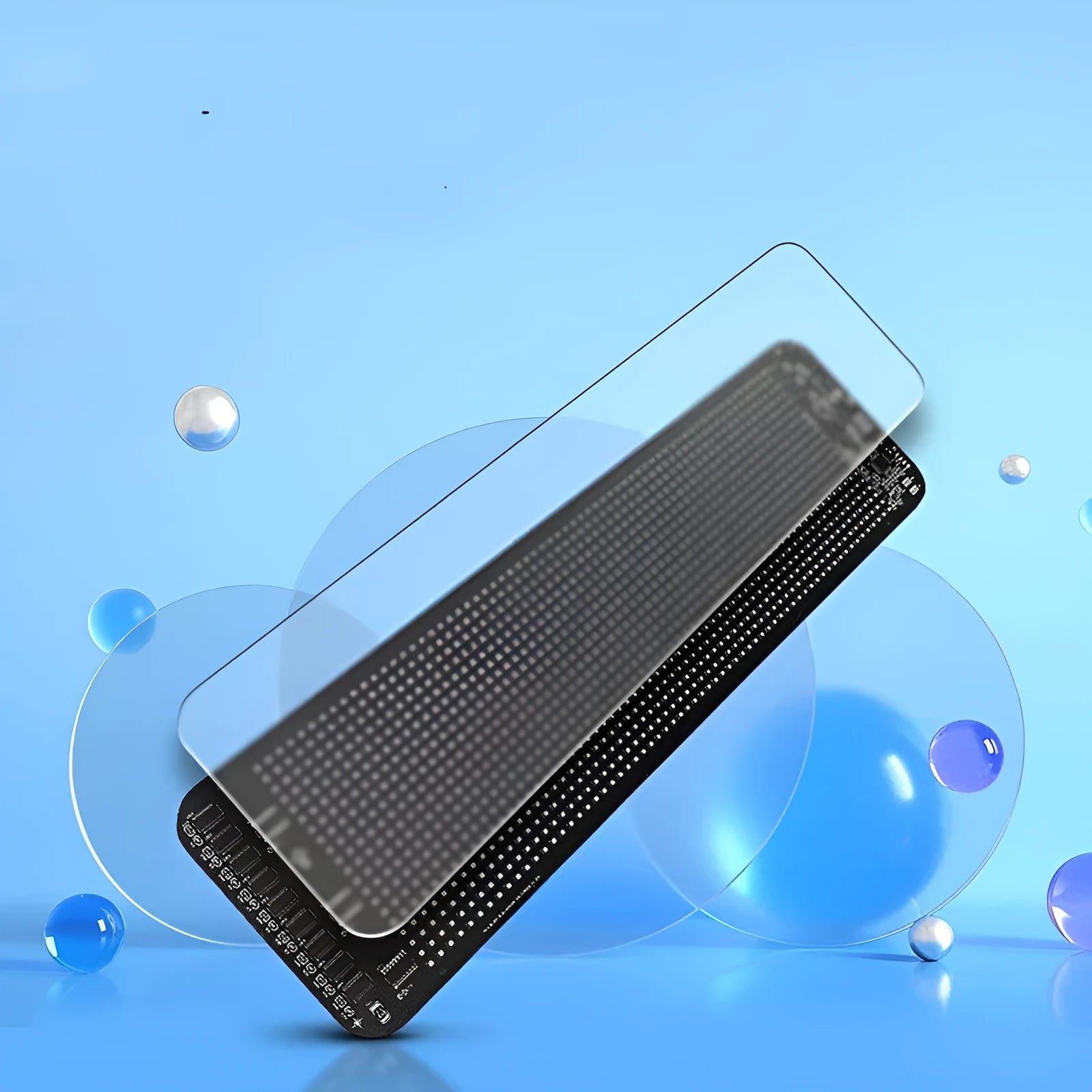 Full-colour LED matrix display module with remote control, showing a sample graphic on its 20x64 pixel screen