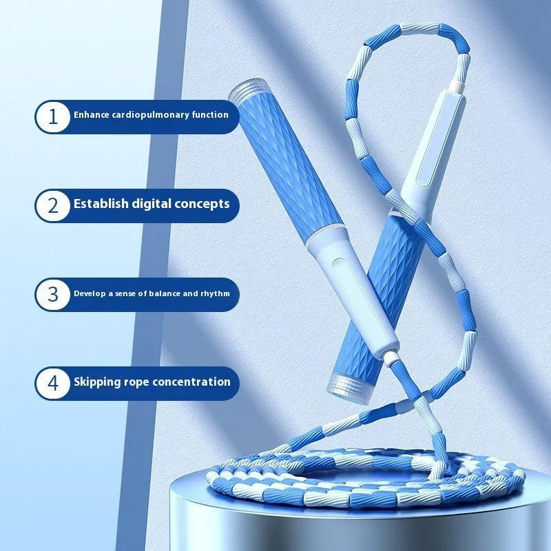 Children's skipping rope with bamboo beads in blue colour showing 2.8 metre length