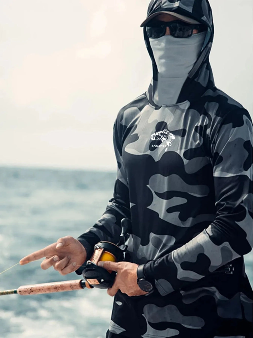 Men's grey fishing hoodie with long sleeves, mesh side panels, and crew neck design for outdoor sun protection