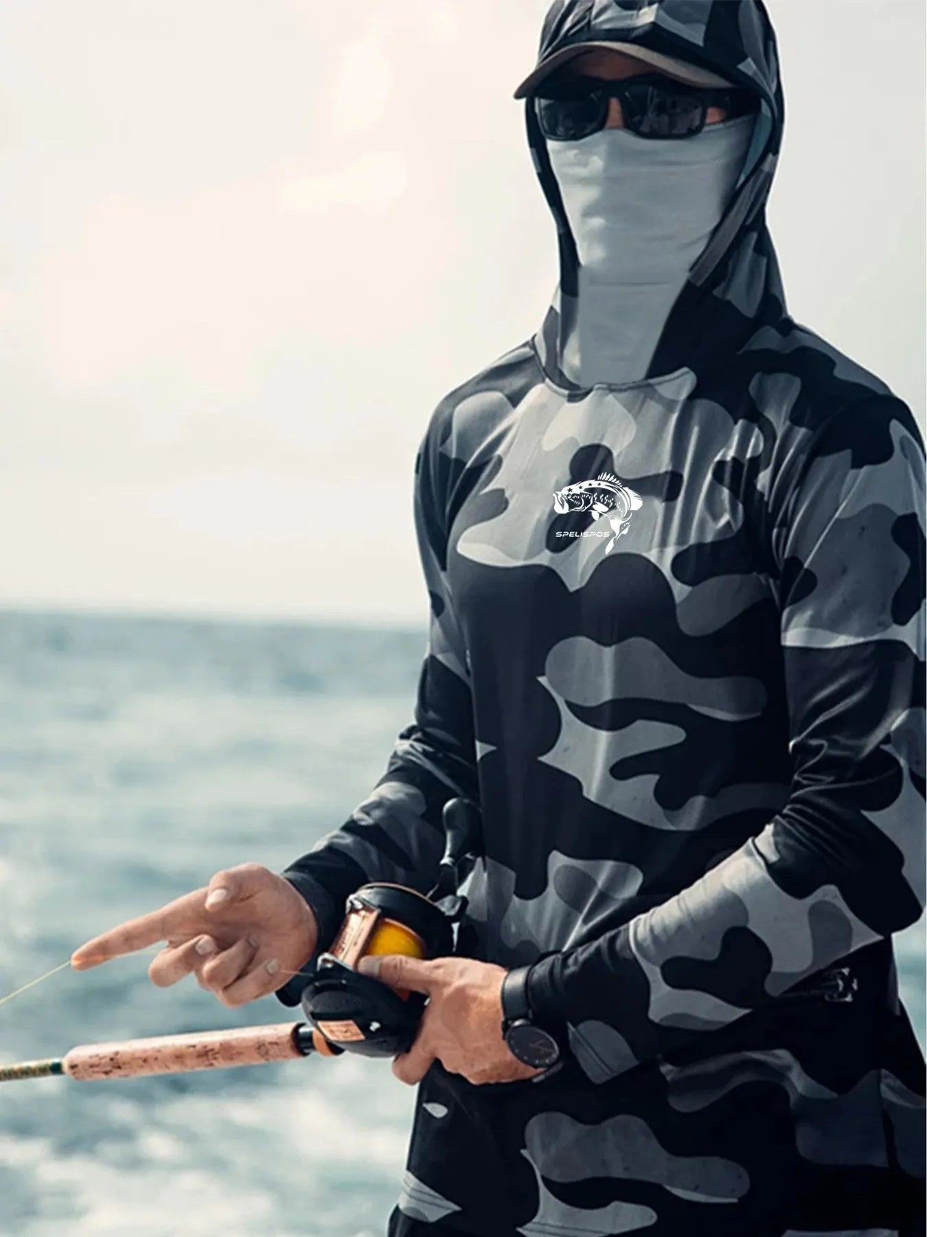 Men's grey fishing hoodie with long sleeves, mesh side panels, and crew neck design for outdoor sun protection