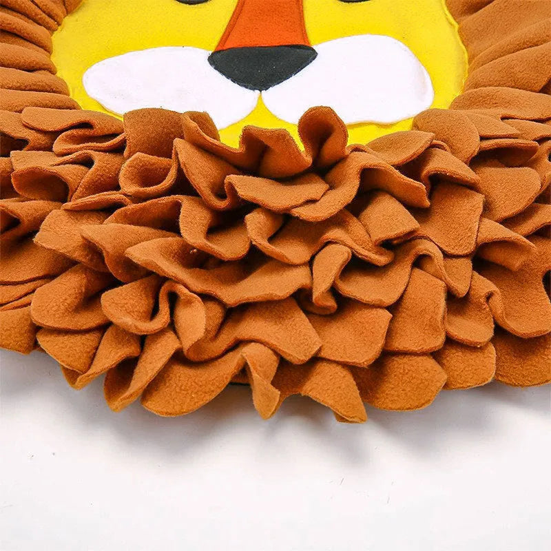 Brown lion-shaped snuffle pad for dogs and cats with food hiding compartments