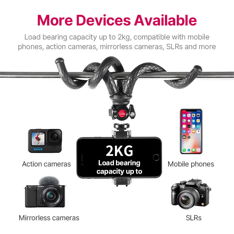 Black aluminium mobile phone tripod set with adjustable legs and phone clip attached