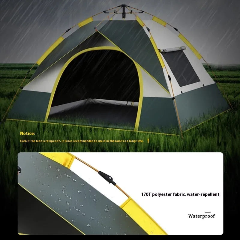 Dark green and silver 3-4 person quick open camping tent with guylines pegged out.