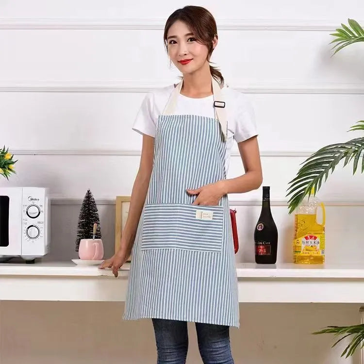 Linen stripe apron in blue, breathable anti-stain kitchen apron for household chores, one size