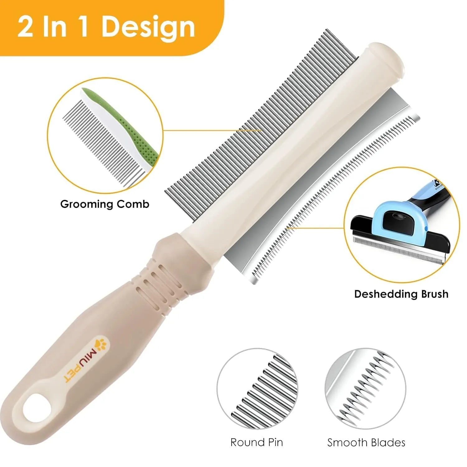 White dual-sided pet grooming brush with curved comb and deshedding blade on a grey handle.