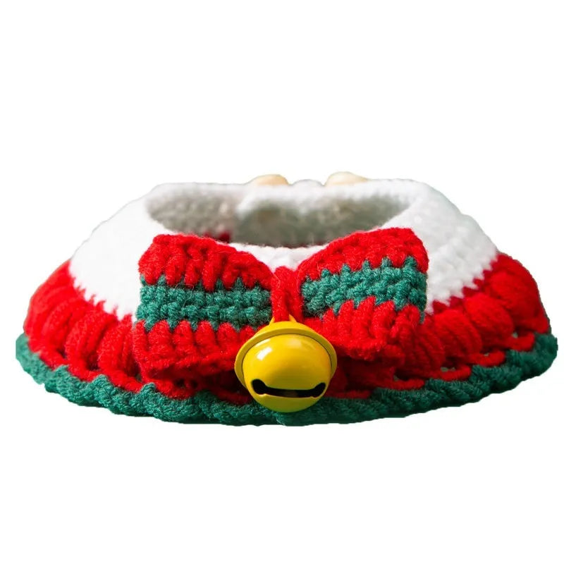 Hand-woven milk cotton Christmas pet collar with adjustable sizing for cats in festive bowknot design