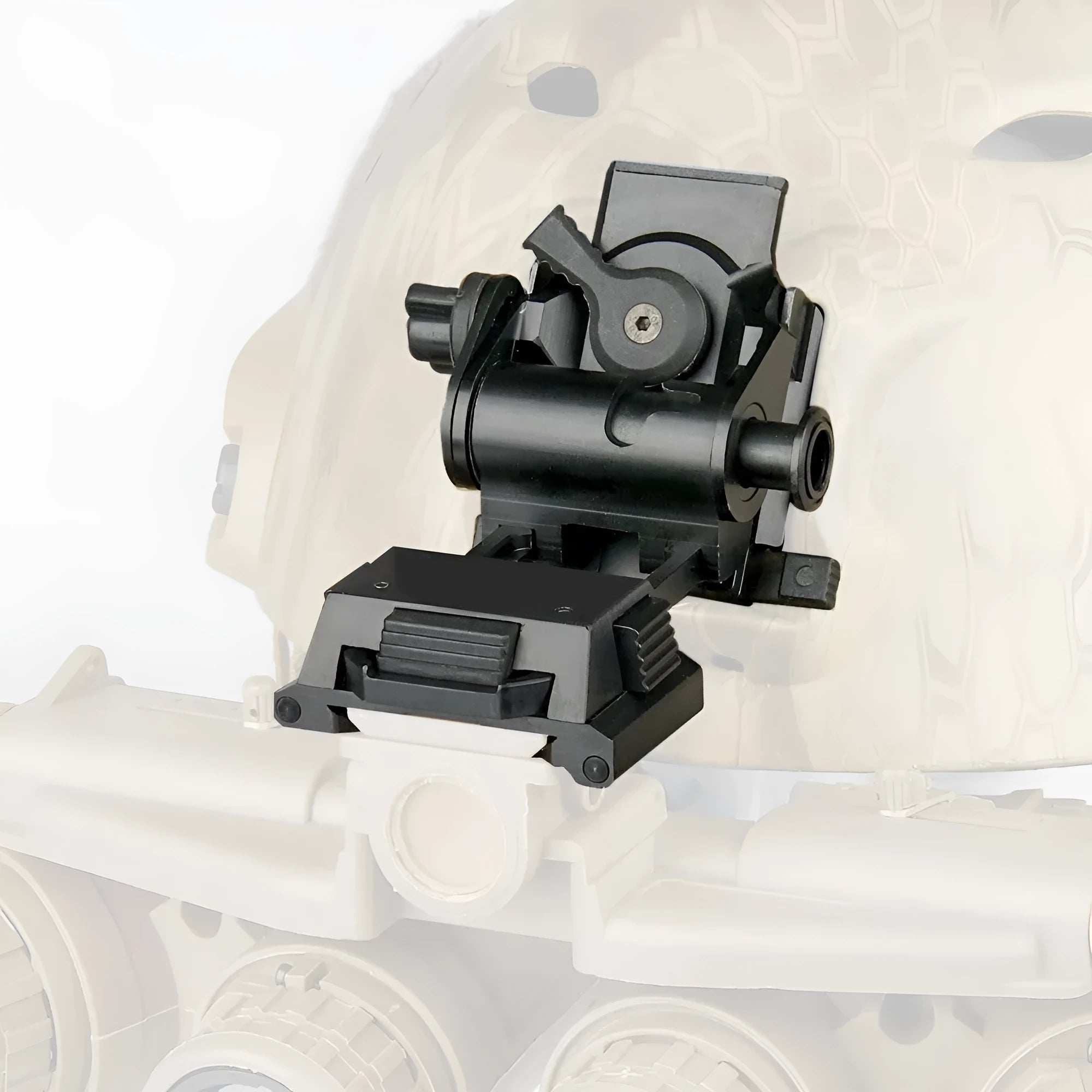 Metal alloy L4 G24 night vision helmet mount with breakaway base in black and sand colours
