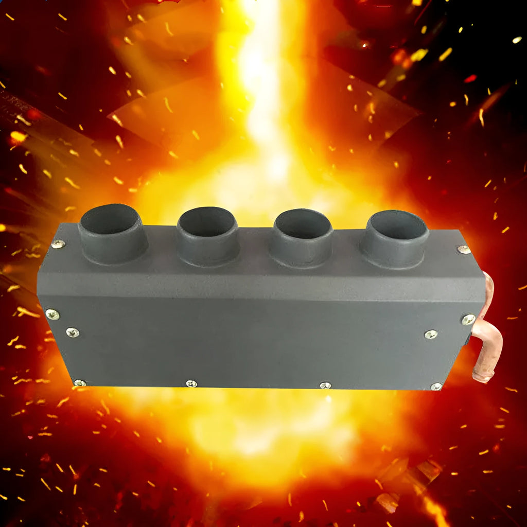 Metal car heater unit with copper pipe connections for 12V 24V auxiliary vehicle heating.