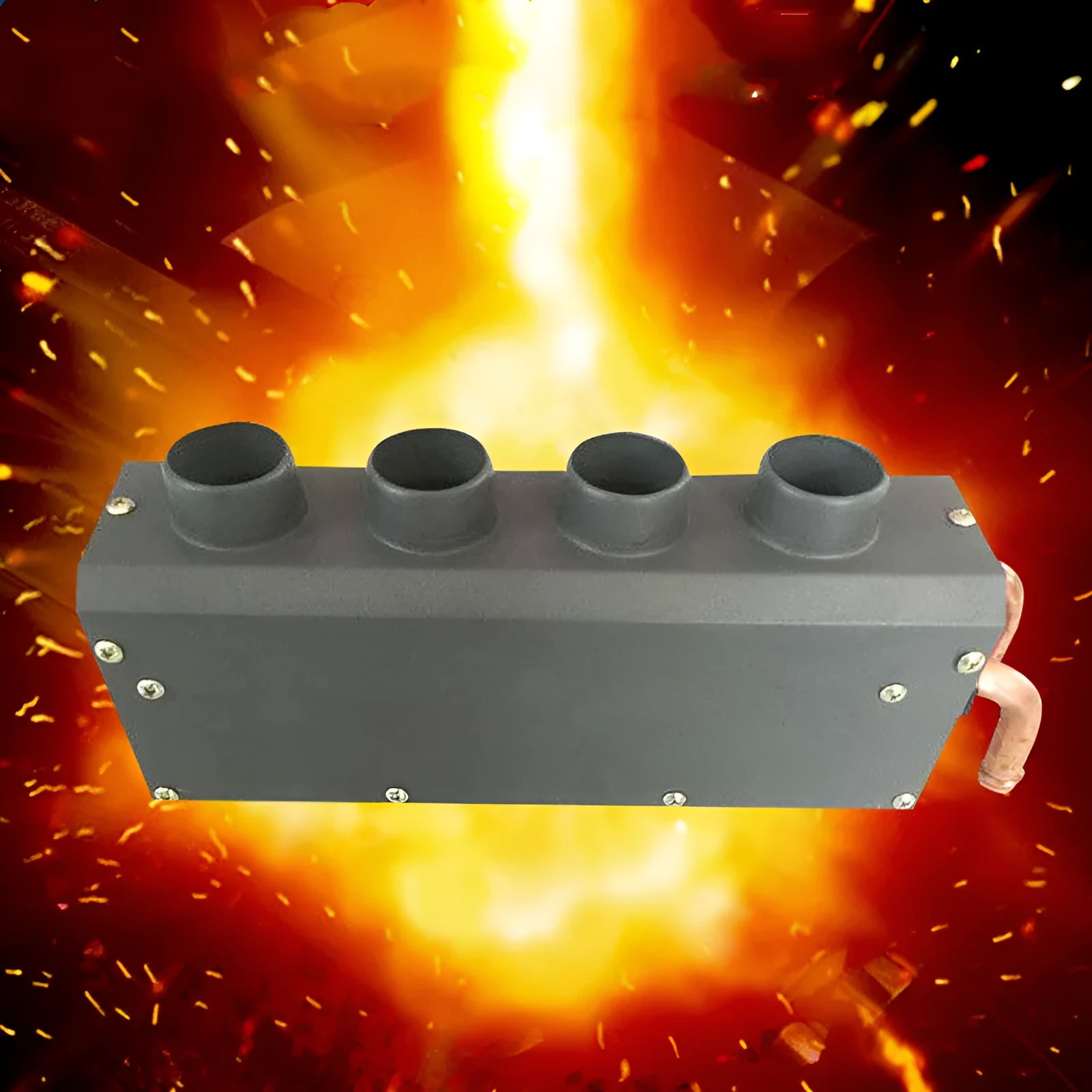 Metal car heater unit with copper pipe connections for 12V 24V auxiliary vehicle heating.