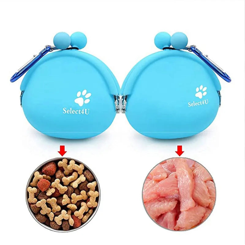 Yellow silicone dog training treat pouch with hook-and-loop closure, shown clipped to a waistband.