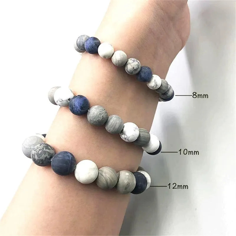 Handmade planet stone men's bracelet with U-shaped adjustable design showing natural stone beads