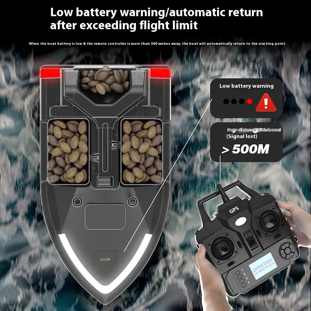Black GPS remote control fishing boat on water with handheld transmitter, showing LED light.