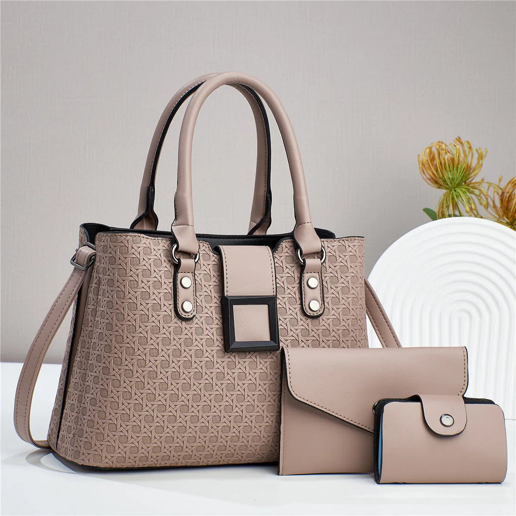 Three-piece textured women's crossbody bag set in square vertical design with organiser compartments