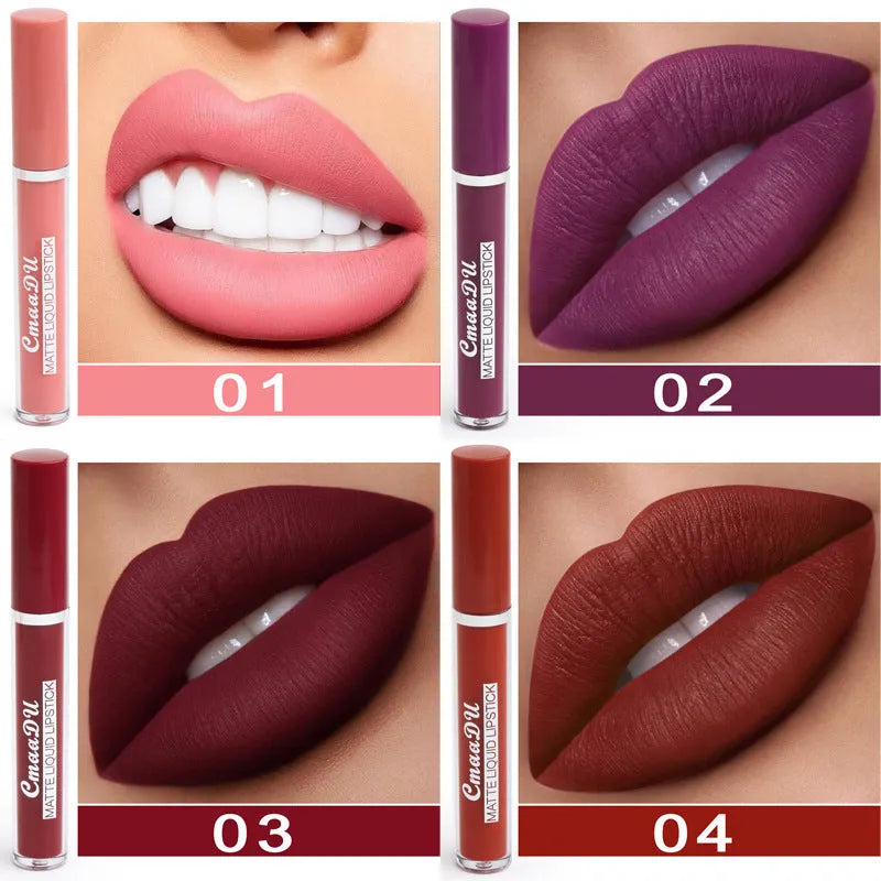 Box containing 10 women's non-stick cup waterproof matte lipsticks in assorted photo colours.