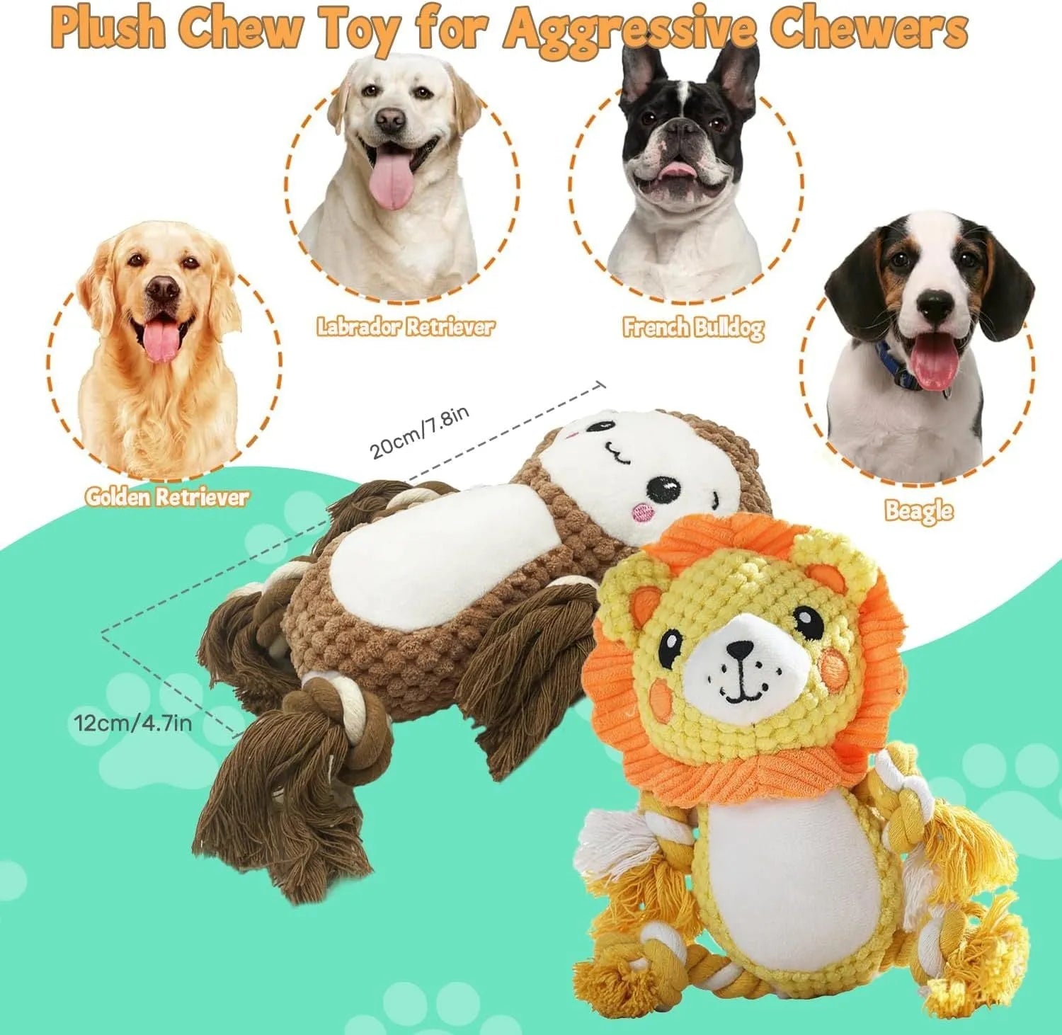 Lion and monkey plush squeaky dog toys bundle for medium to large dogs