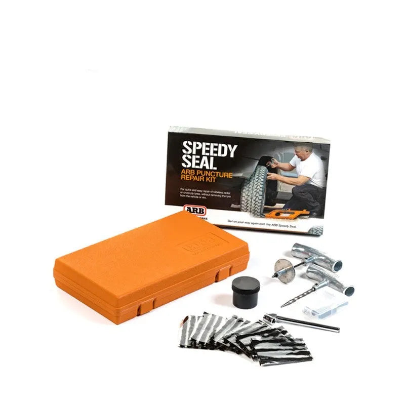 Speedy Seal emergency tyre repair tool kit in a compact orange case with tools displayed.