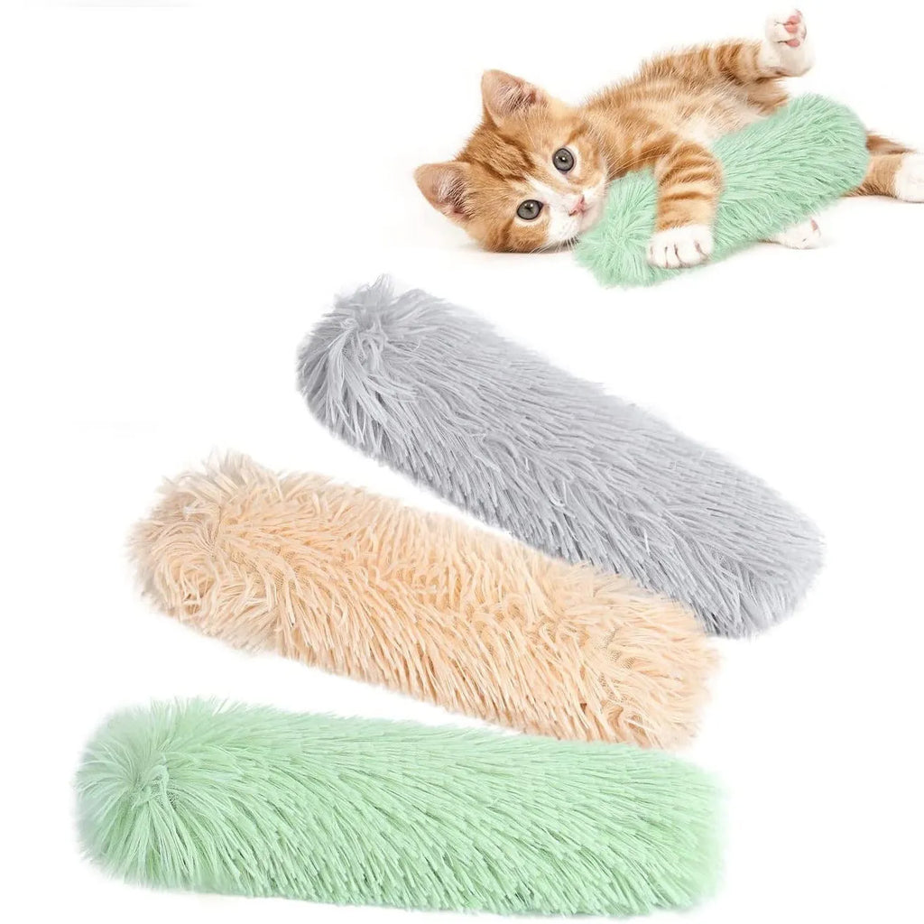 Soft blue plush cat toy pillow measuring 27 by 10 centimetres.