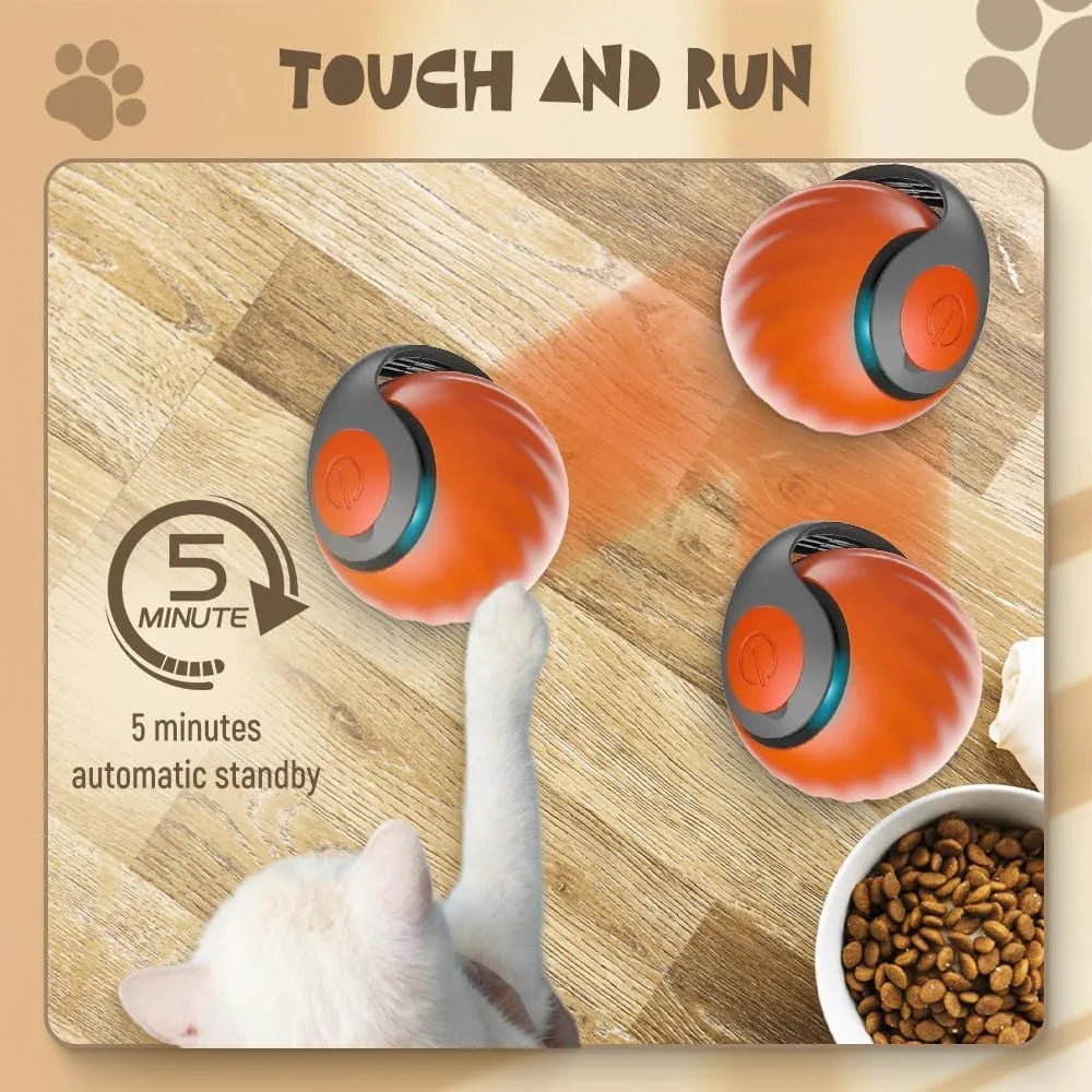 Interactive rolling ball pet toy in blue and red options showing motion-activated design for cats and dogs