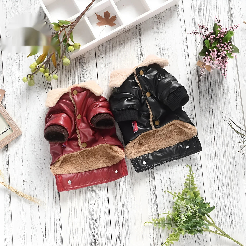PU leather pet coat with fleece lining in black or red colour with British style design