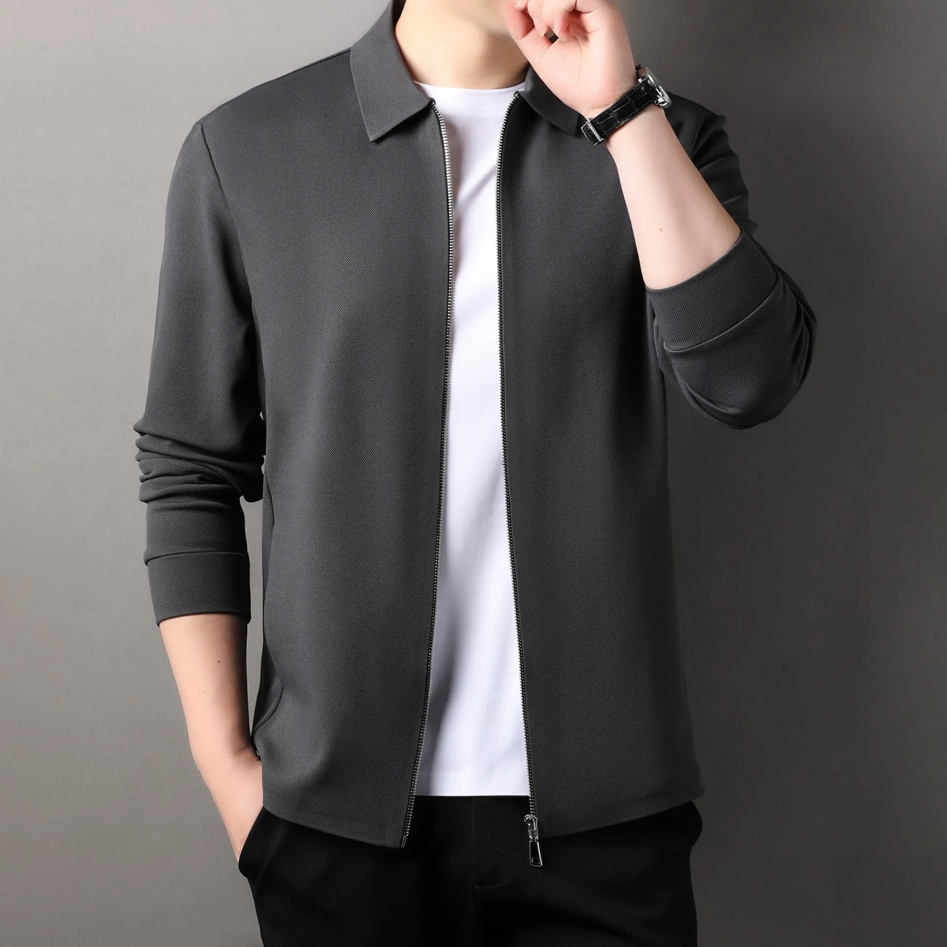 Men's polyester business casual jacket with regular sleeves and straight hem in three colour options