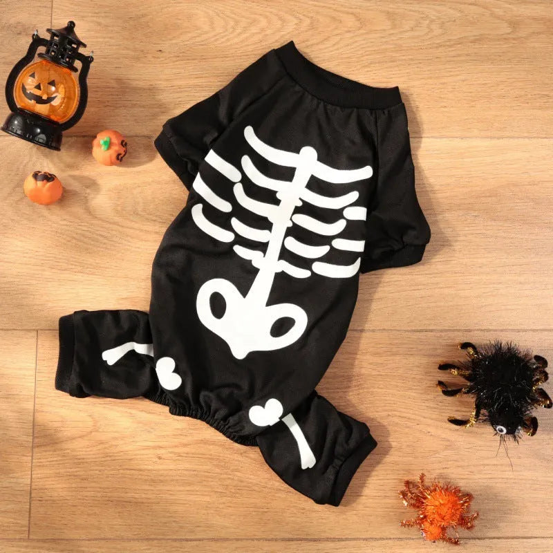 Halloween pet clothing with luminous skull bones pattern on four-legged dog costume