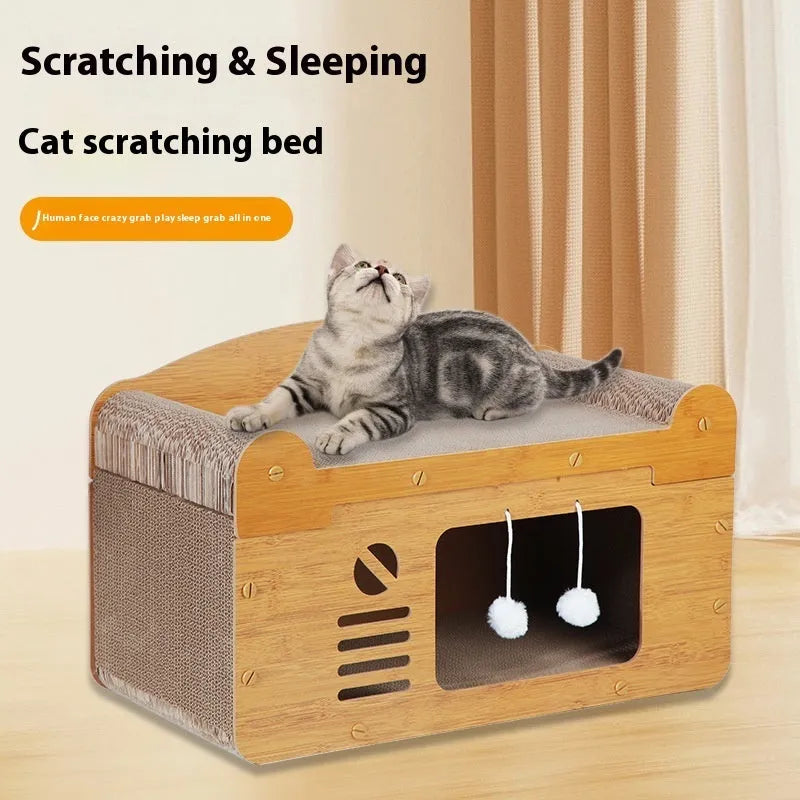 Double-layer corrugated paper cat house with scratching surfaces and dual ball-shaped door entries