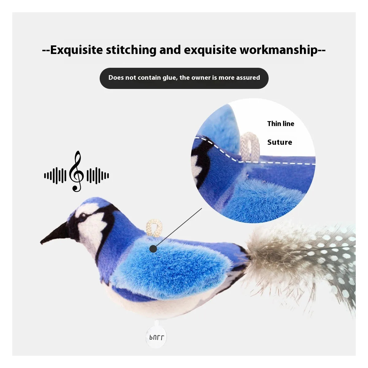 Simulated bird cat plush toy in blue kingfisher colour with lightweight plush construction