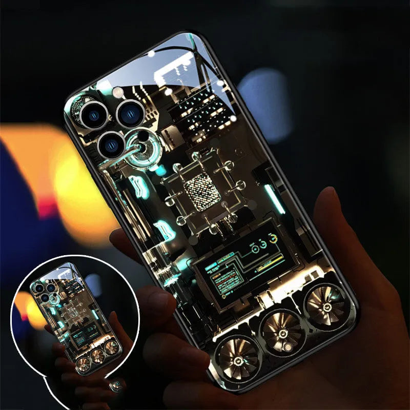 Xpress 14 tempered glass iPhone case with LED incoming light alert on a phone.