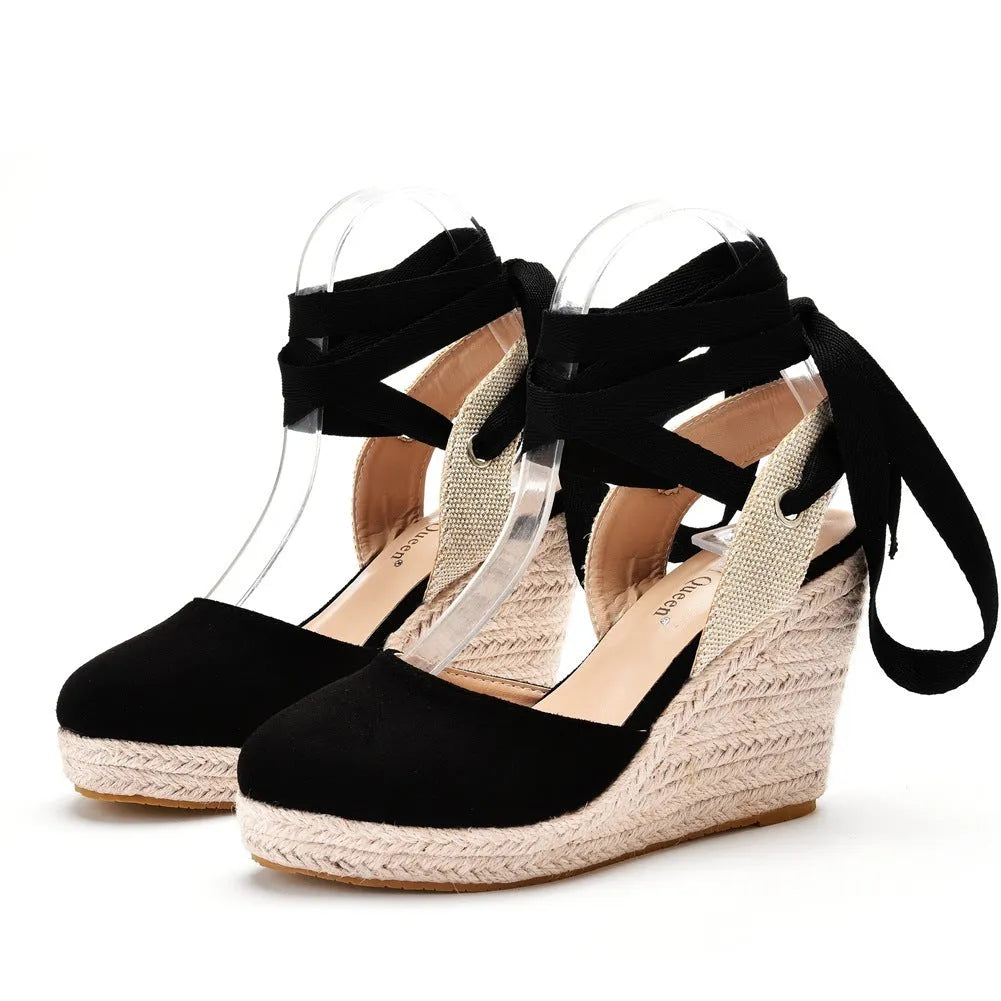 Women's apricot bohemian wedge sandals with bead and tassel details on a buckle-fastened PU upper.