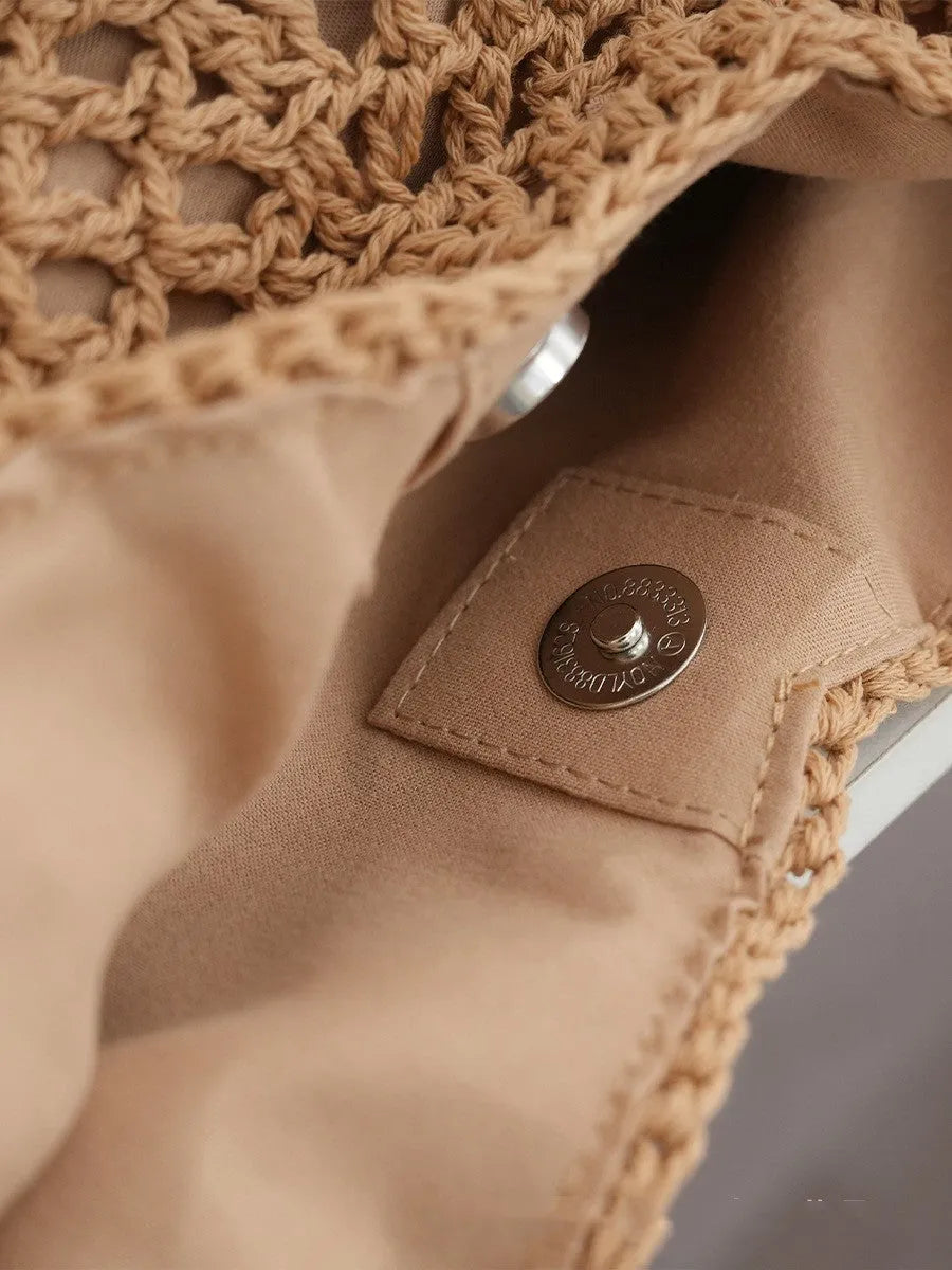 Handmade cotton thread woven hollow shoulder bag with tassel in creamy-white, vertical square shape, open pocket