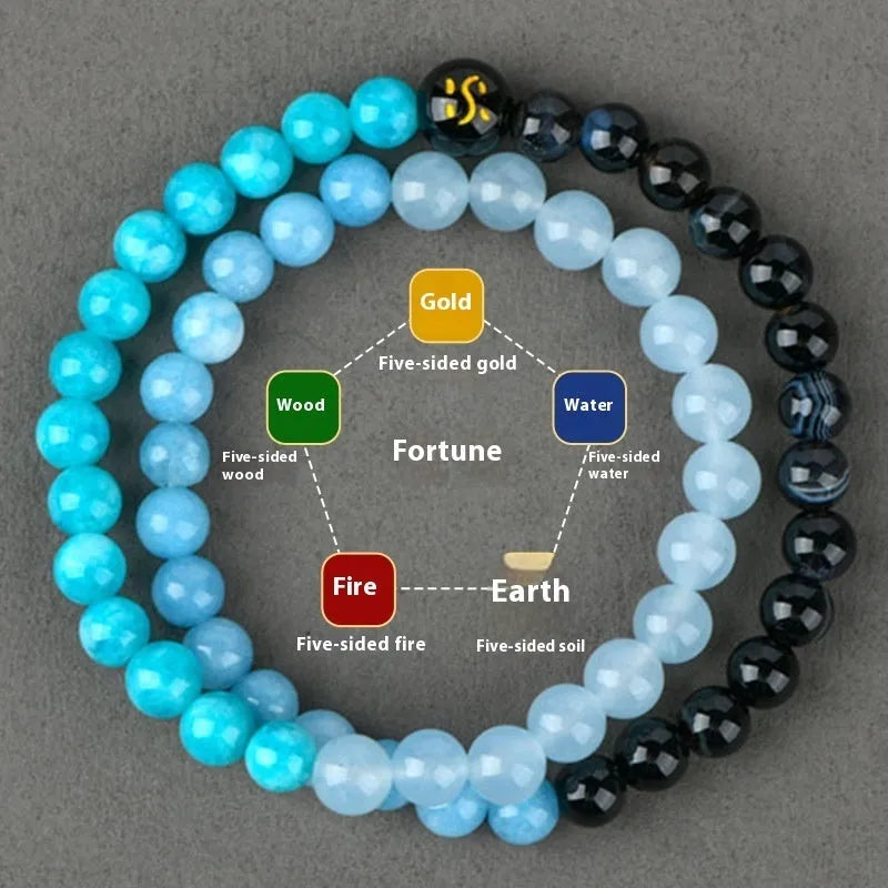 Handmade double ring crystal bracelet in five elements colours on a wrist.