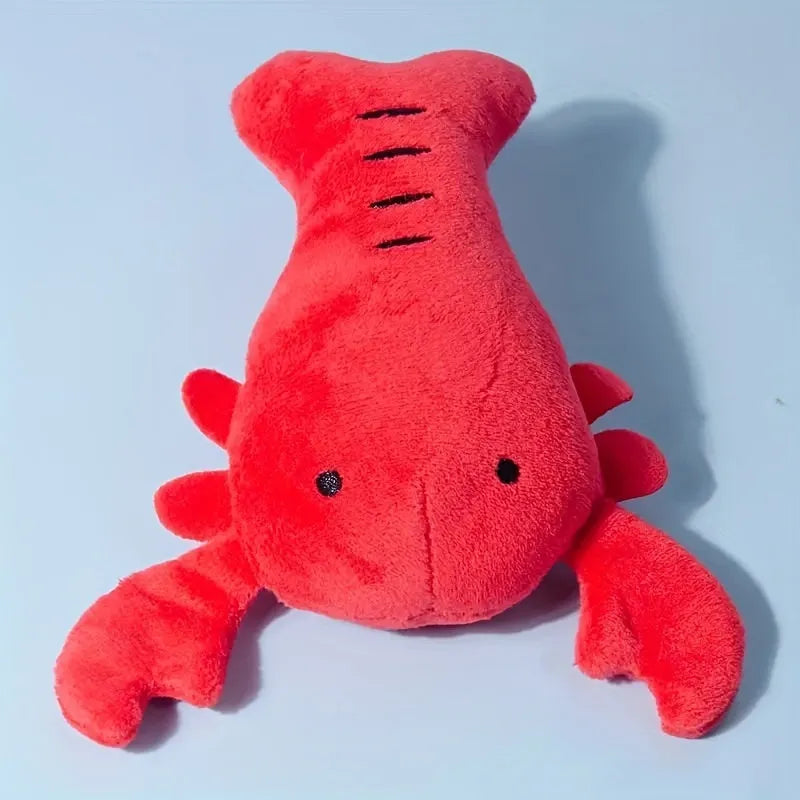 Red lobster-shaped squeaky dog toy with crab-lobster design measuring 12.5cm long