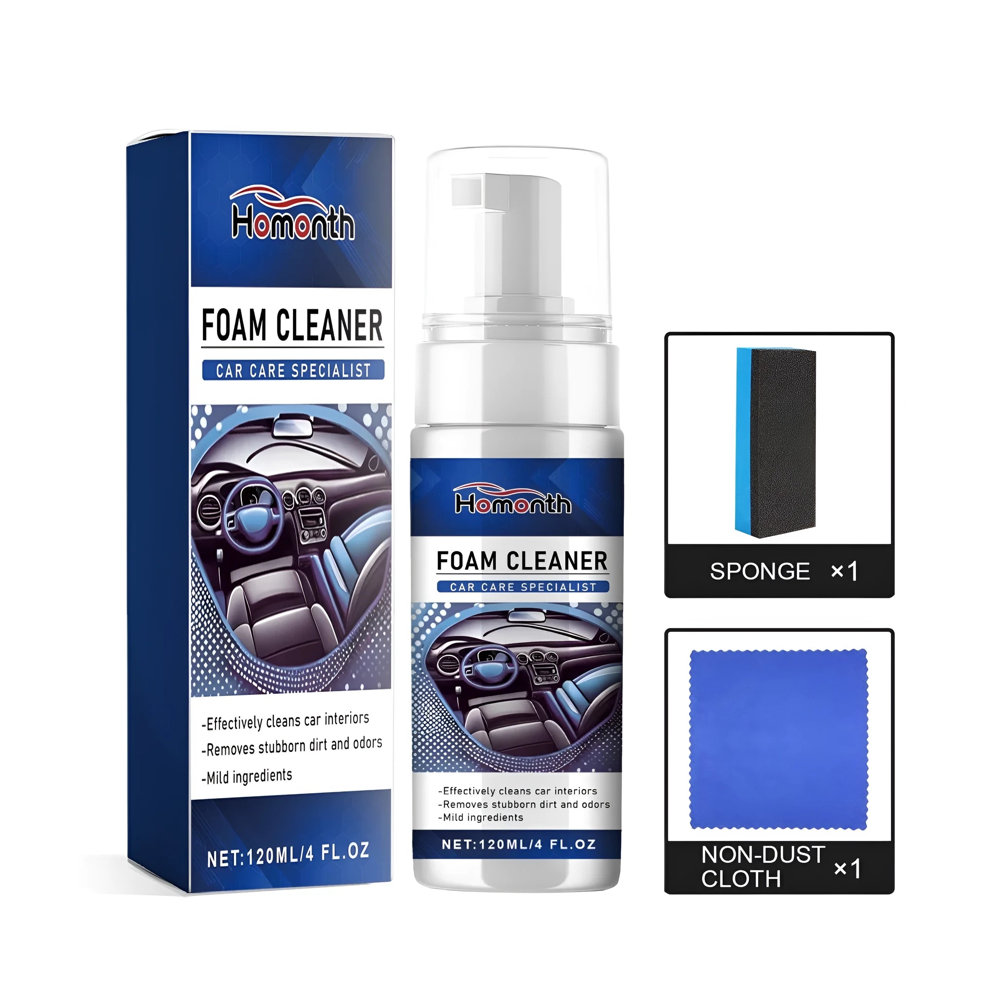 Fast Car Interior Cleaner kit with bottle, sponge, and microfibre cloth
