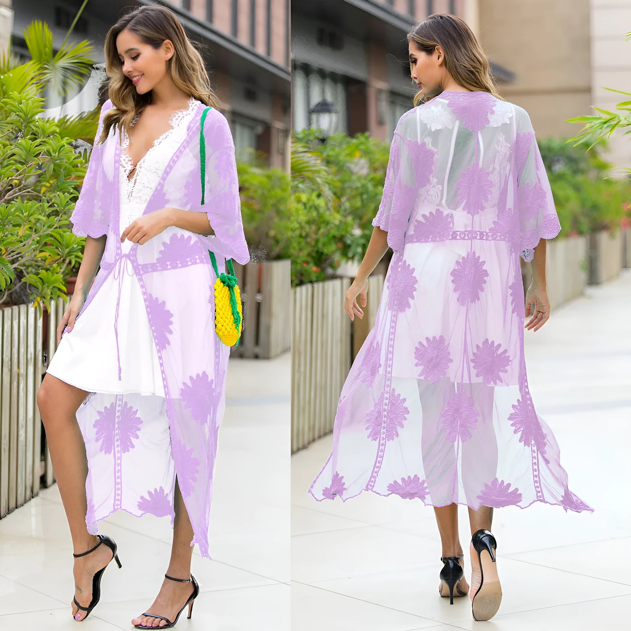 Light purple lace embroidery beach cover-up dress for women, free size.