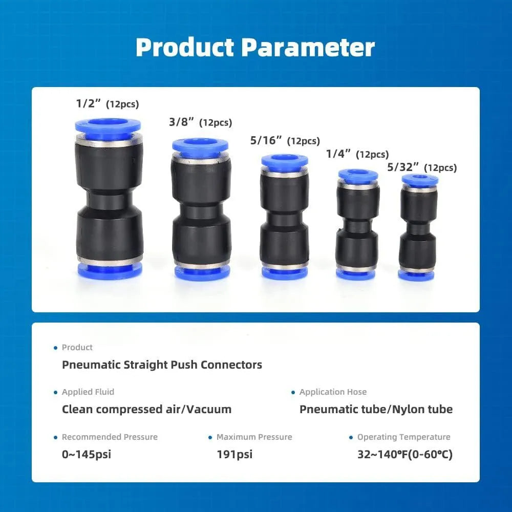 60-piece pneumatic push-in connector set with R1/4 and R1/2 calibres for compressed air systems