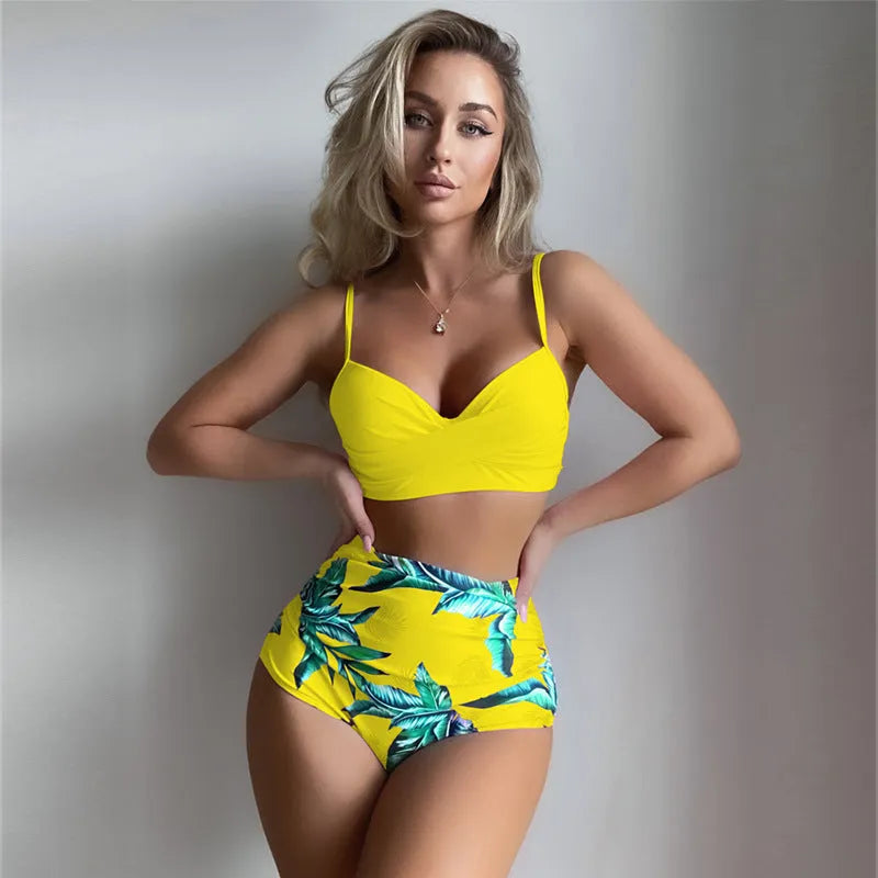 Yellow high-waisted bikini set with steel bracket push-up bra and floral print split briefs.