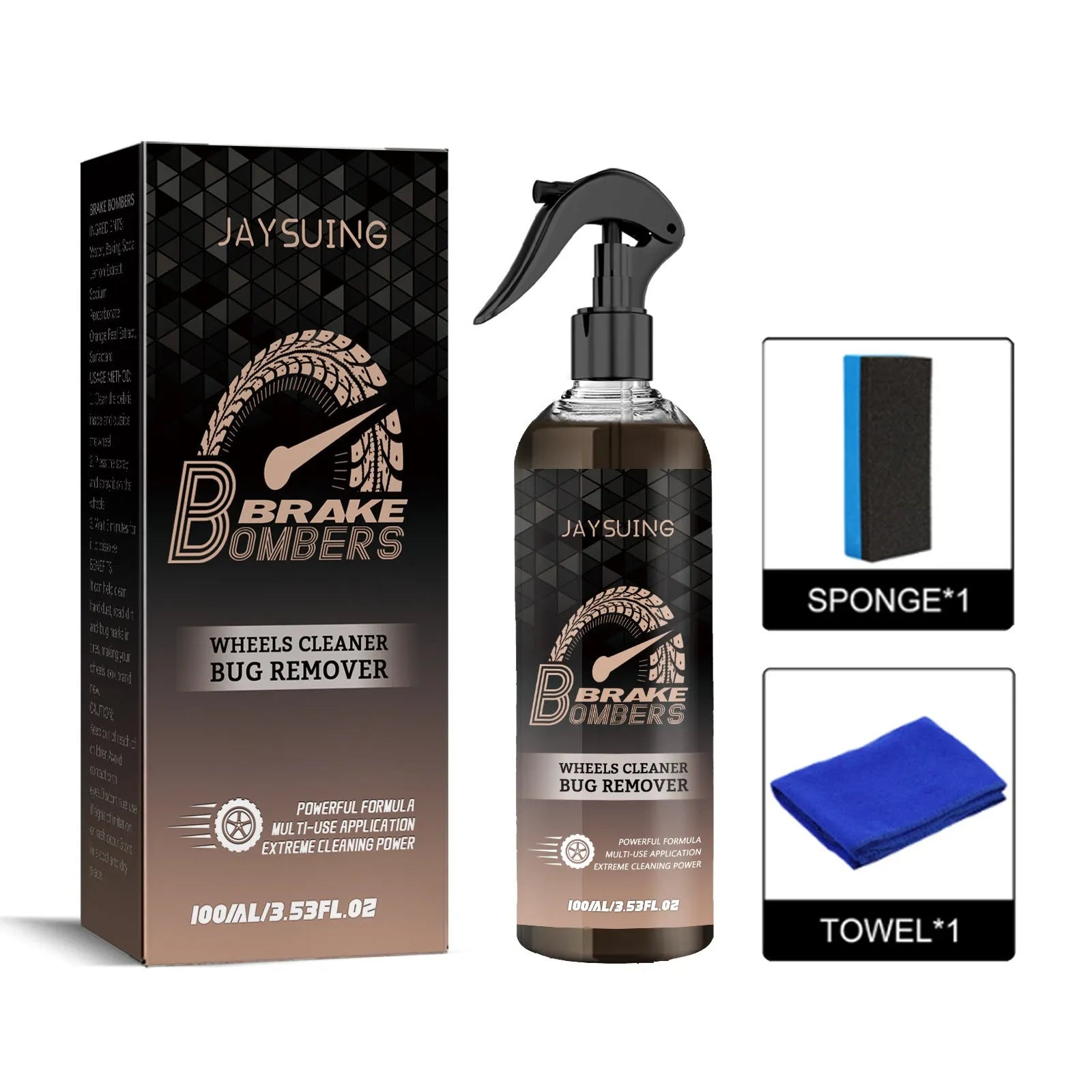 Brake disc cleaning kit with 100ml bottle, sponge, and cloth for rust removal