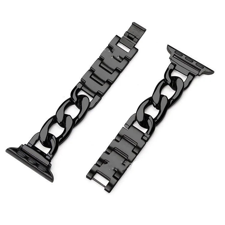 Metal single row denim chain watch strap for Apple Watch in silver finish with clasp closed