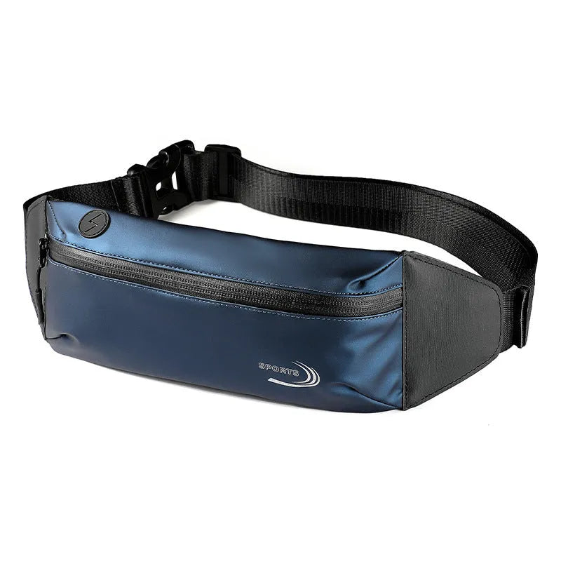 Men's blue waterproof sports waist bag made from Derm Oxford polyester with 45cm length