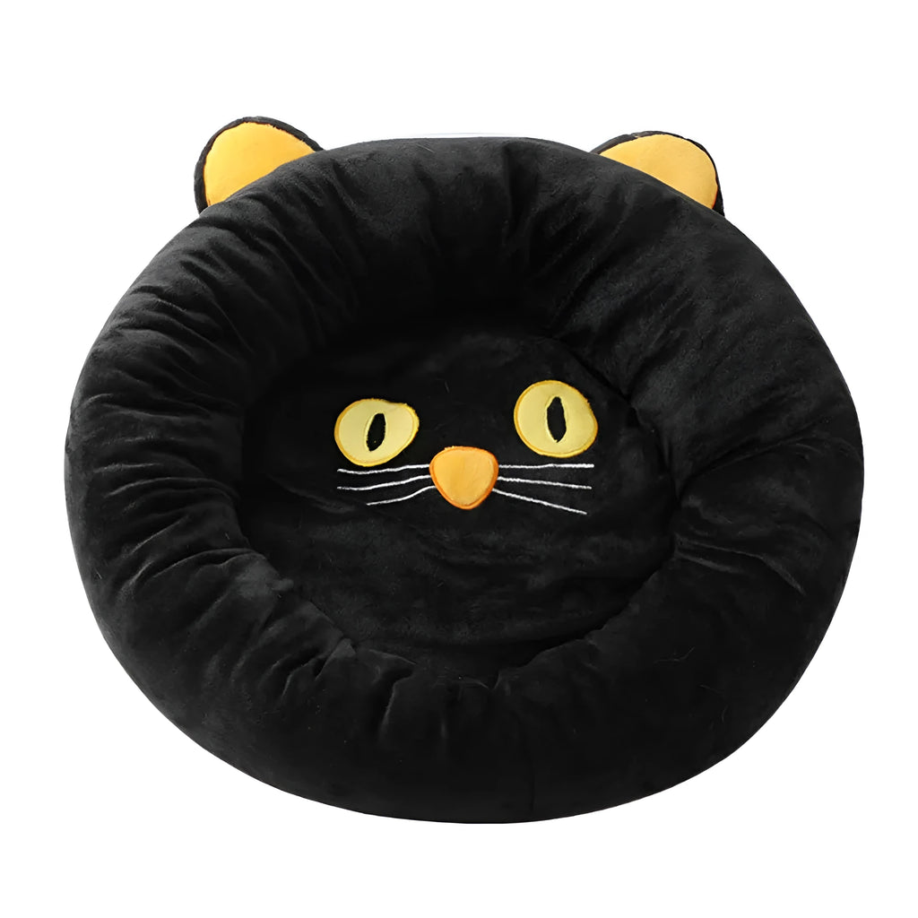 Black cat shaped velvet pet bed nest with raised edges for head support