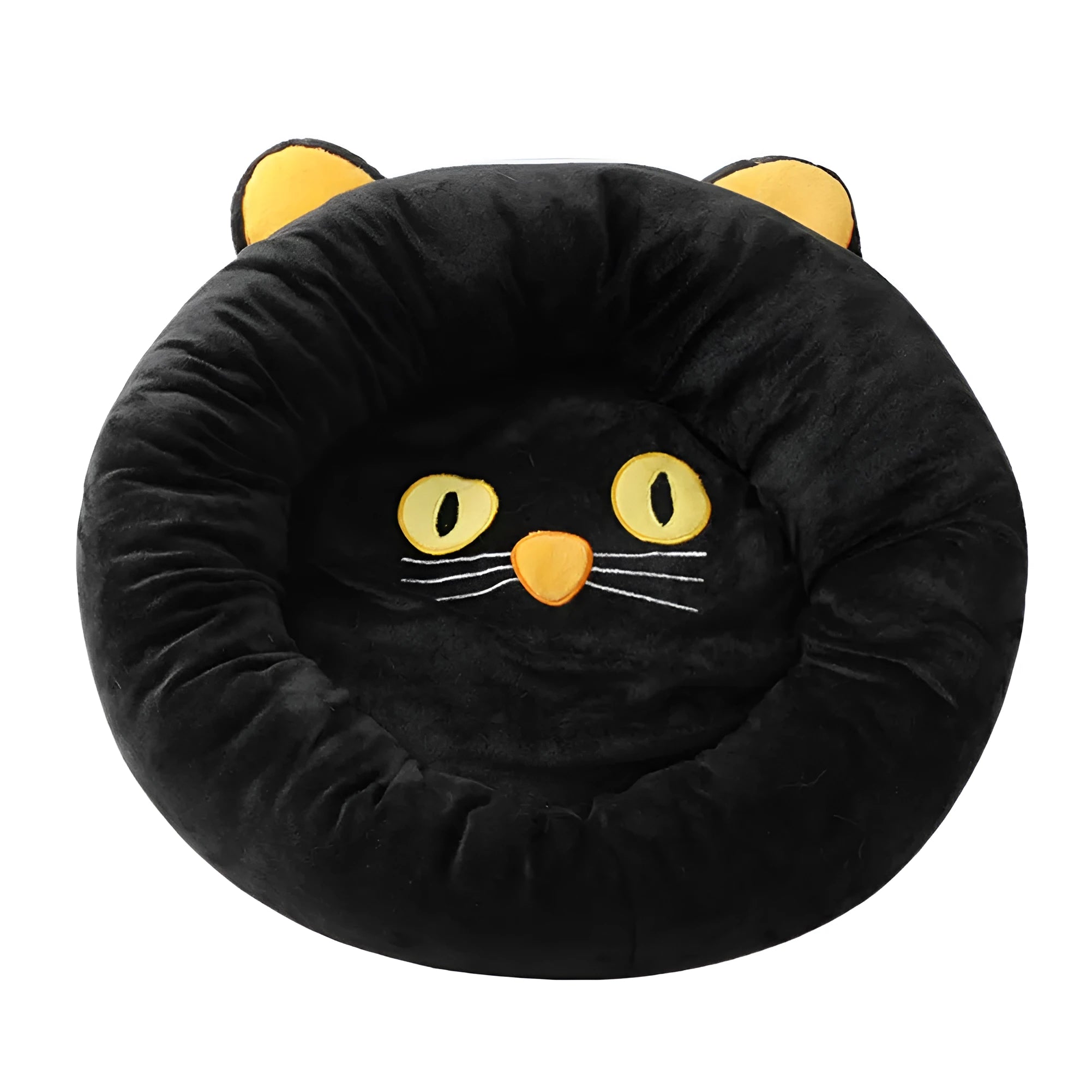 Black cat shaped velvet pet bed nest with raised edges for head support