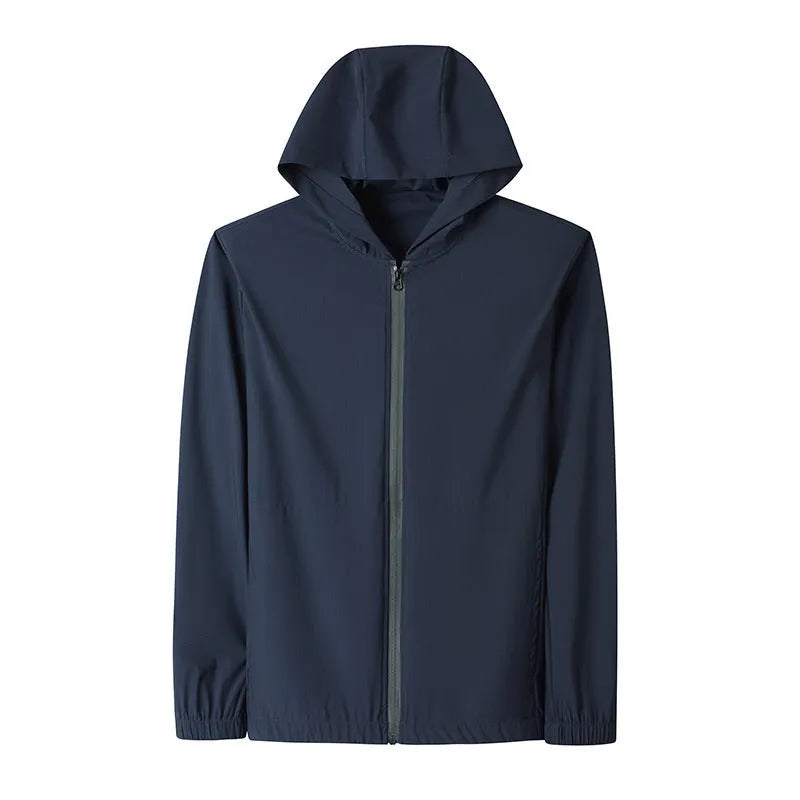 Korean style loose hooded sun-protective suit in grey, blue, or black, featuring top stitching pockets.