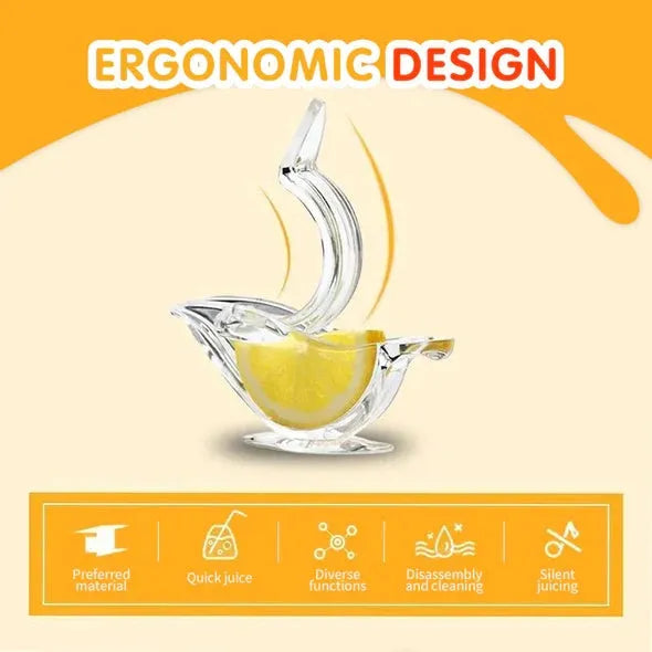 Transparent acrylic manual lemon juicer with bird-shaped design on a kitchen counter